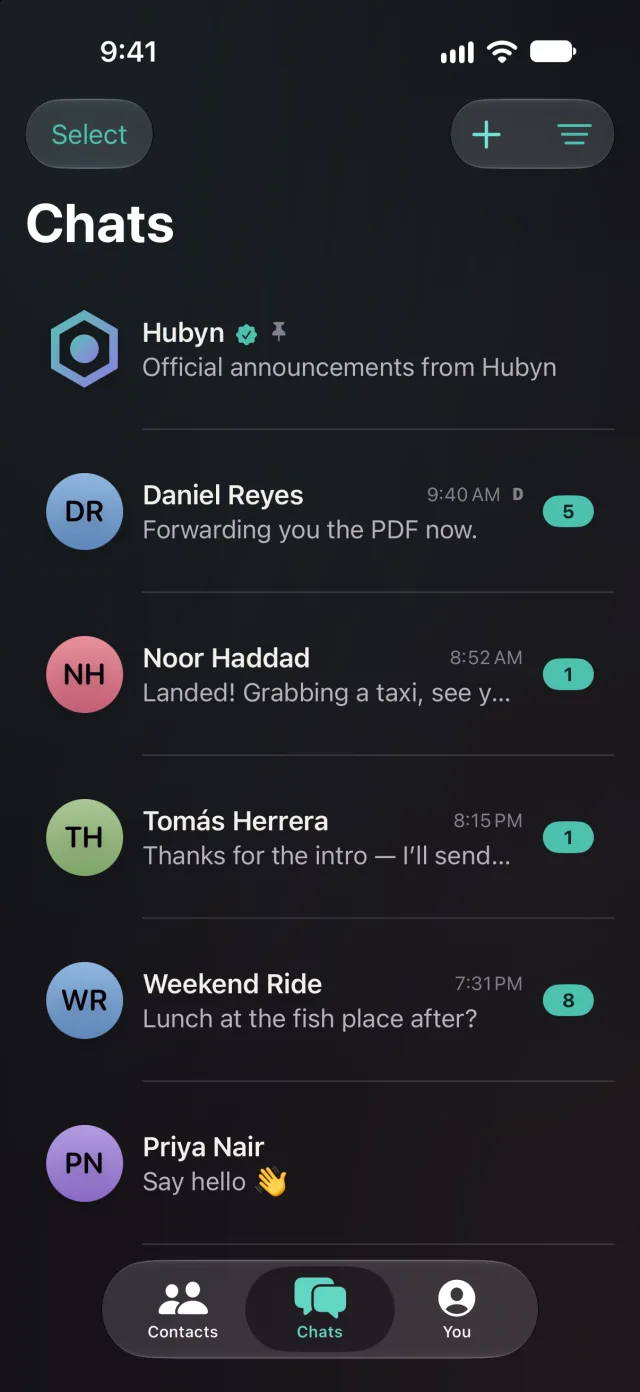 The Chats list with people and a group, and Hubyn's official announcements pinned at the top