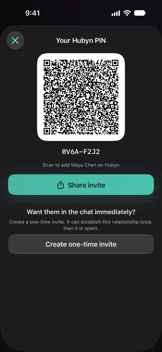 A Hubyn PIN shown as a QR code, with Share invite and Create one-time invite