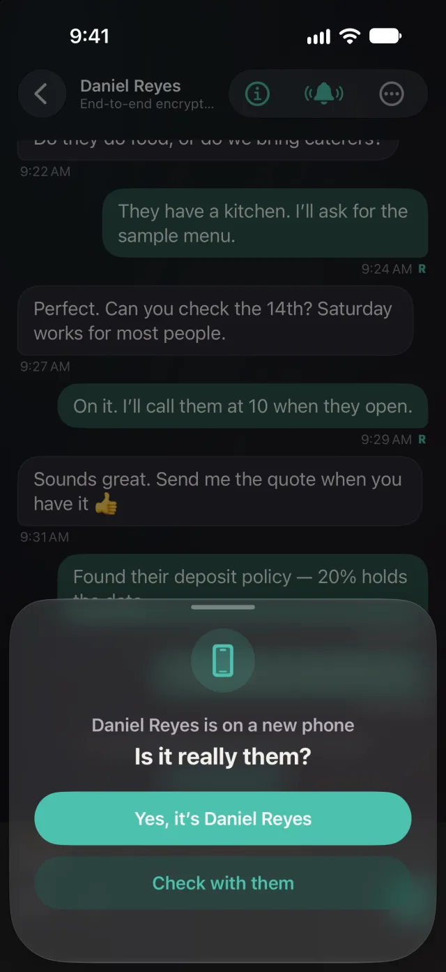 A prompt saying a contact is on a new phone, asking whether it's really them, with an option to check with them