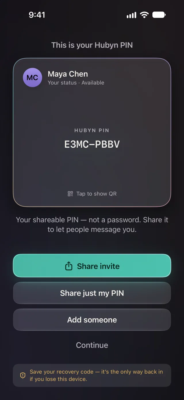 A new Hubyn PIN on its card, with buttons to share an invite, share just the PIN, or add someone
