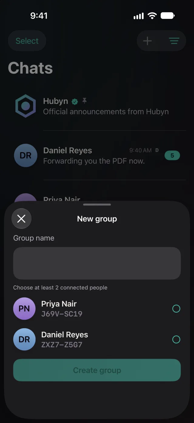 Creating a new group by naming it and choosing connected people