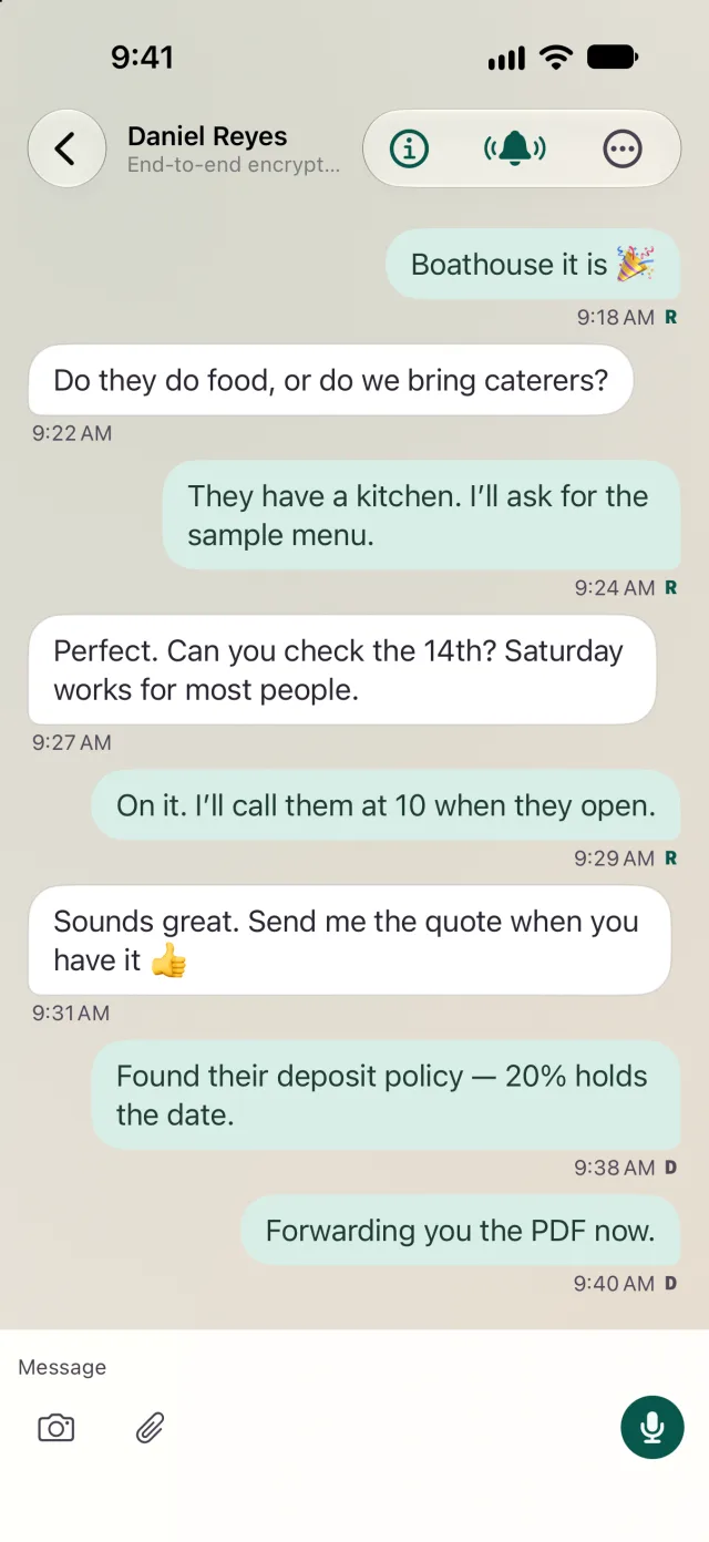 A one-to-one conversation with Delivered and Read marks on each sent message