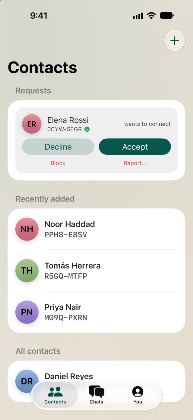 Contacts, with a connection request offering Decline, Accept, Block and Report
