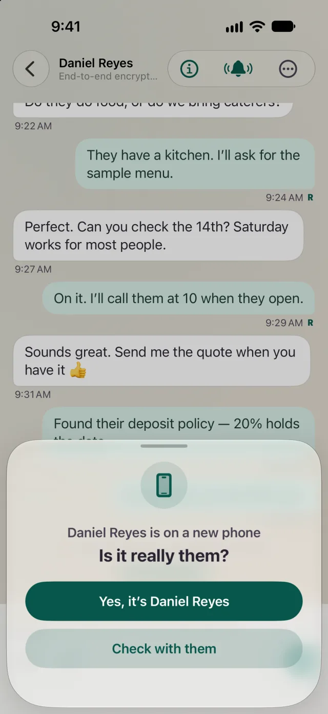 A prompt saying a contact is on a new phone, asking whether it's really them, with an option to check with them