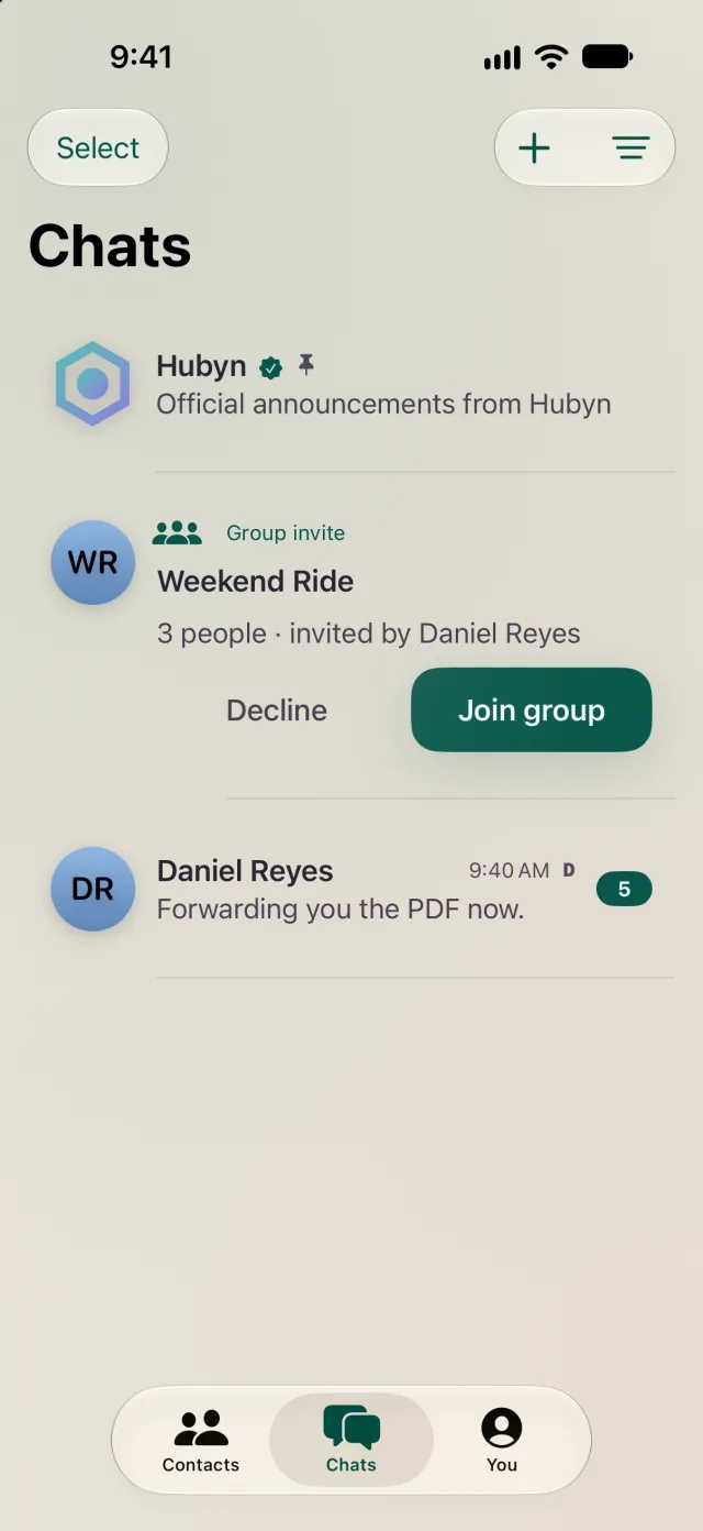A group invite in the Chats list with Decline and Join group
