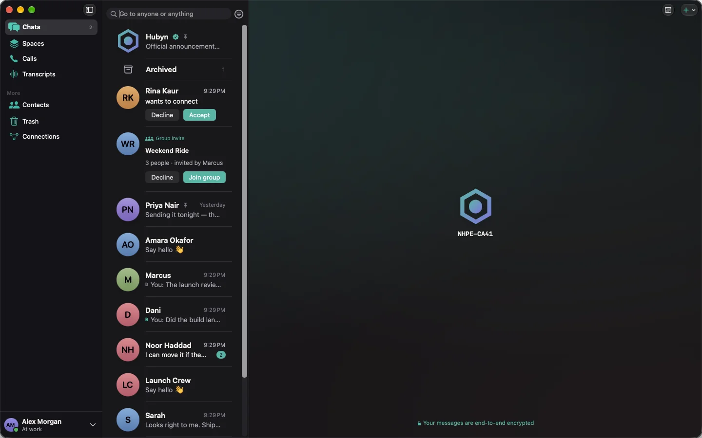 Hubyn on Mac: the chat list with a connection request, a group invite, and Delivered and Read marks