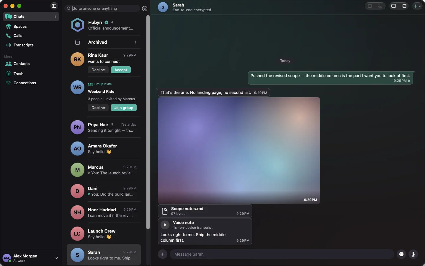 Hubyn on Mac: a conversation with a photo, a file and a voice note with its on-device transcript