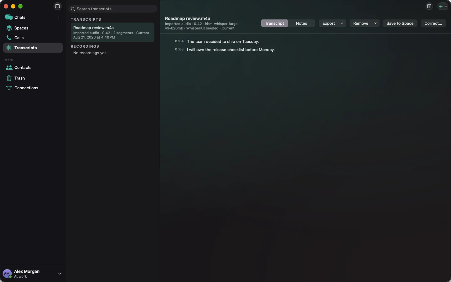 Hubyn on Mac: a transcript of an imported recording, with timestamps