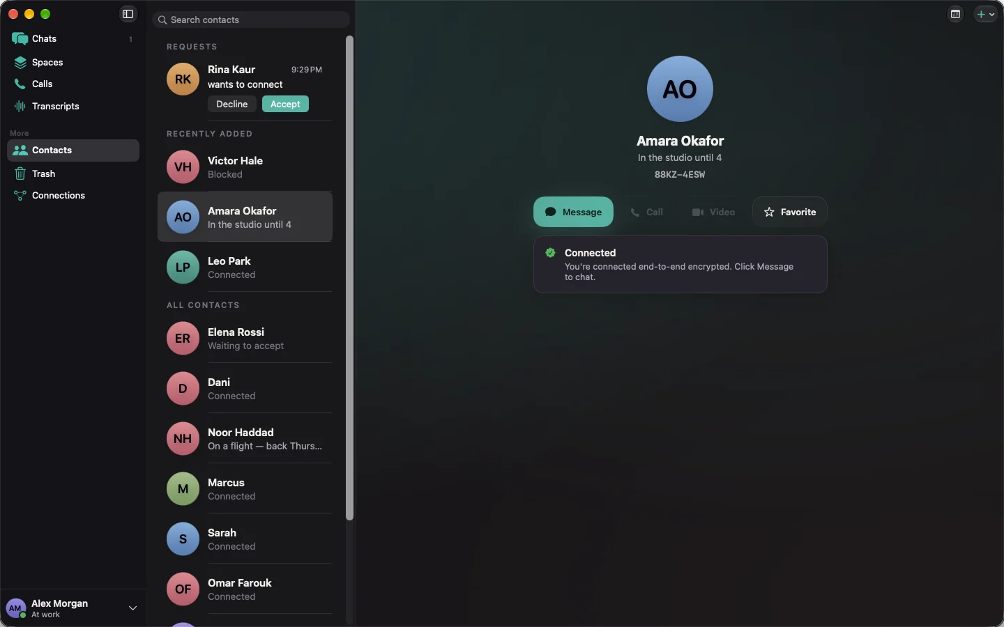 Hubyn on Mac: Contacts with a pending request, a blocked contact, and a connected contact's card