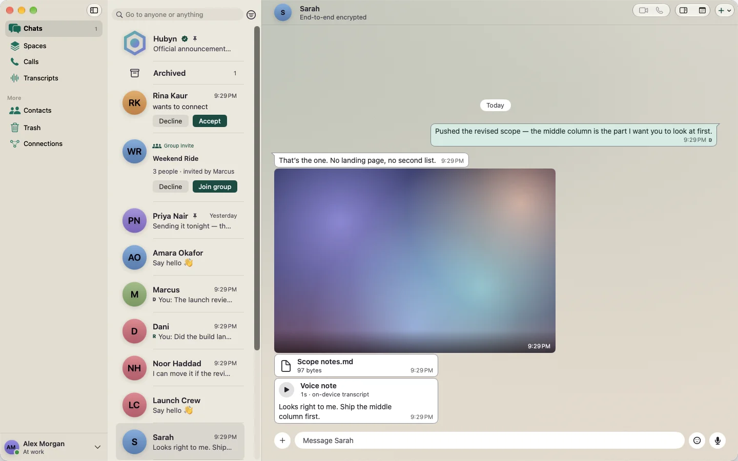 Hubyn on Mac: a conversation with a photo, a file and a voice note with its on-device transcript
