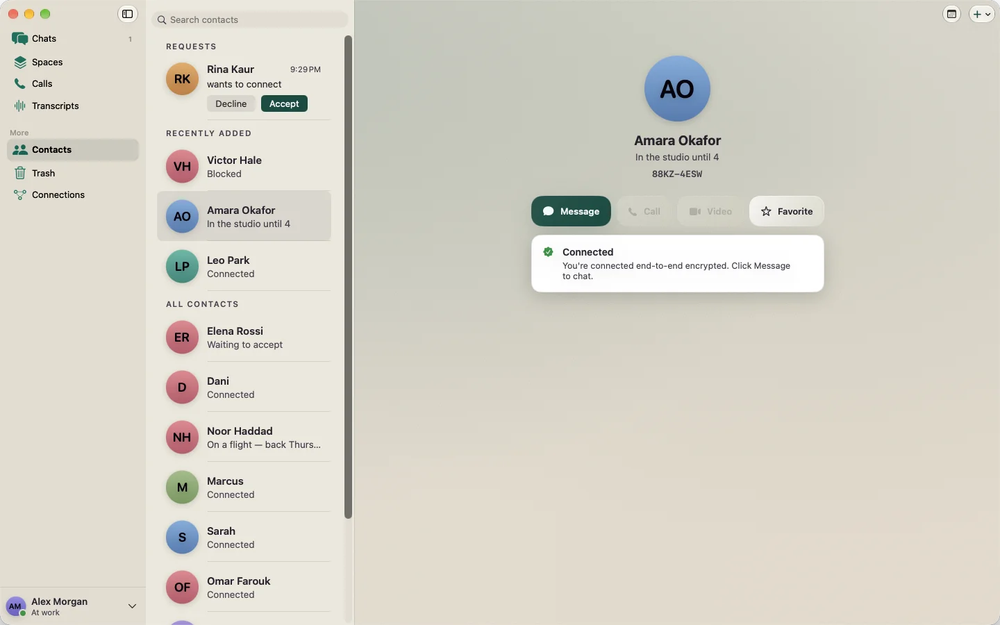 Hubyn on Mac: Contacts with a pending request, a blocked contact, and a connected contact's card